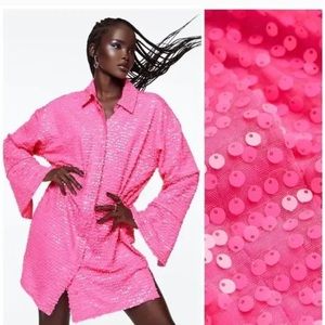 H&M pink sequin shirt mini dress Barbiecore